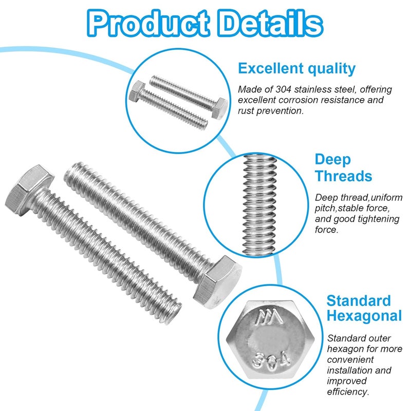 Yinpecly 50Pcs 1/4-20 x 3/4" Hex Bolts,1/4"-20 Hex Head Cap Screws Hexagon Bolts, 304 Stainless Steel, External Hex Drive, UNC Coarse Thread Fully Threaded - Image 3